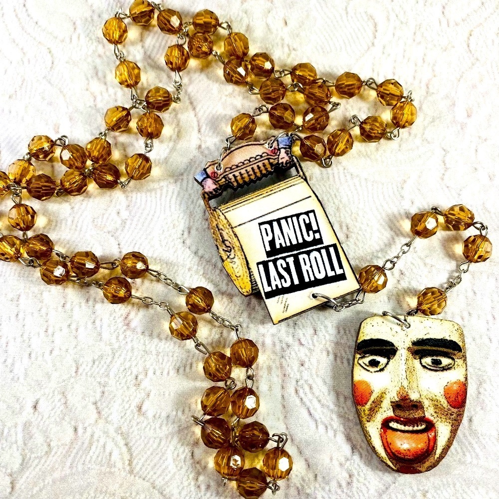 Panic Last Roll Creepy Dude image on laser cut wood deconstructed rosary OOAK